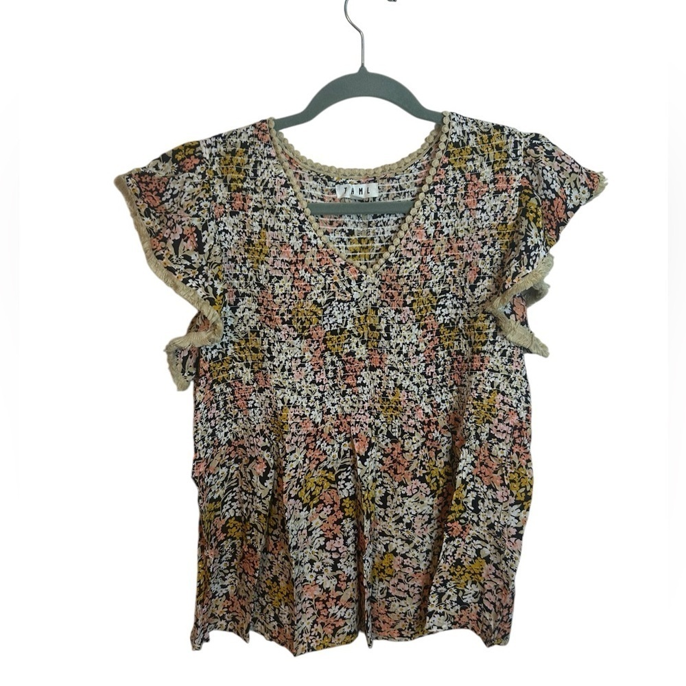 THML Floral Smocked Flutter Sleeve Blouse
